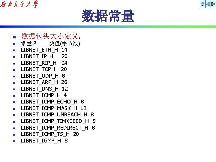 数据常量 n n n n n 数据包头大小定义： 常量名 数值(字节数) LIBNET_ETH_H 14 LIBNET_IP_H 20 LIBNET_RIP_H