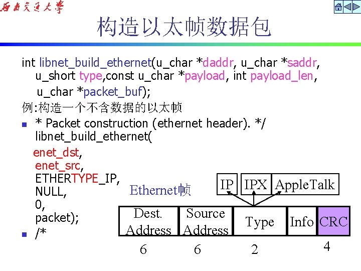 构造以太帧数据包 int libnet_build_ethernet(u_char *daddr, u_char *saddr, u_short type, const u_char *payload, int payload_len, u_char