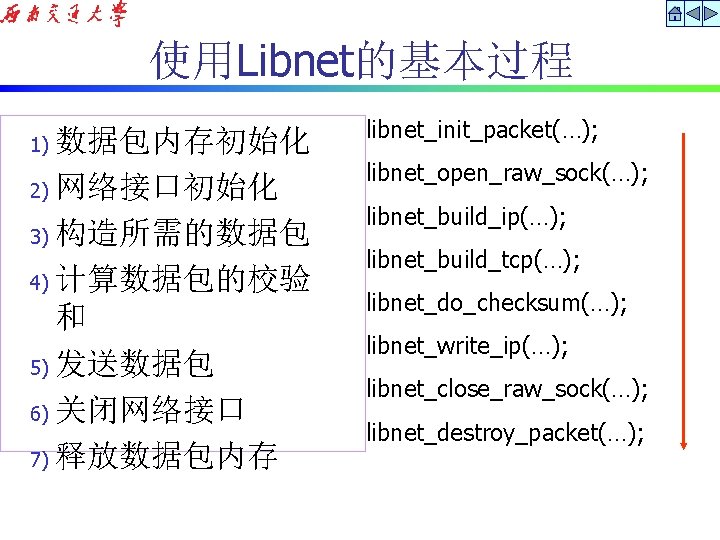 使用Libnet的基本过程 数据包内存初始化 2) 网络接口初始化 3) 构造所需的数据包 4) 计算数据包的校验 和 5) 发送数据包 6) 关闭网络接口 7)