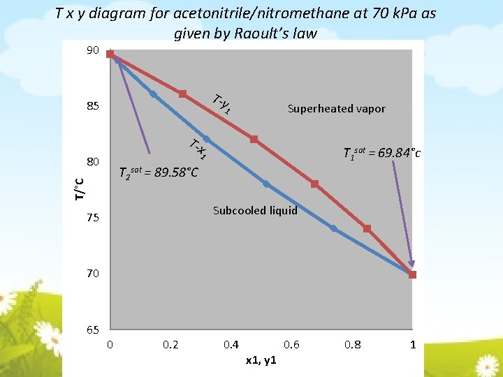 T x y diagram for acetonitrile/nitromethane at 70 k. Pa as given by Raoult’s