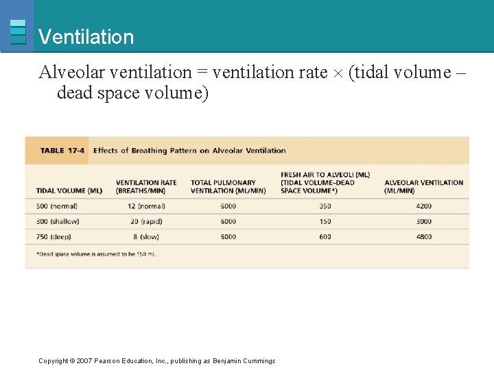 Ventilation Alveolar ventilation = ventilation rate (tidal volume – dead space volume) Copyright ©