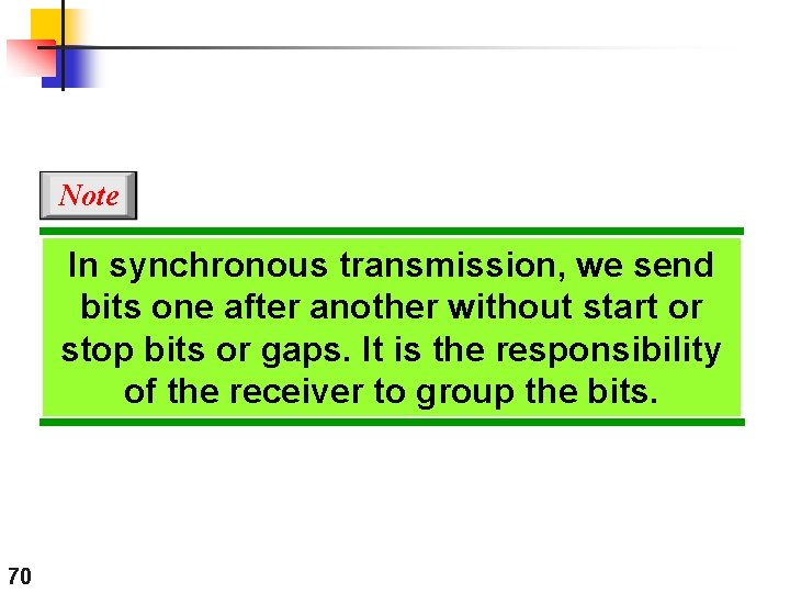 Note In synchronous transmission, we send bits one after another without start or stop