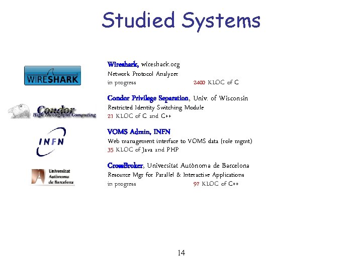 Studied Systems Wireshark, wireshark. org Network Protocol Analyzer in progress 2400 KLOC of C