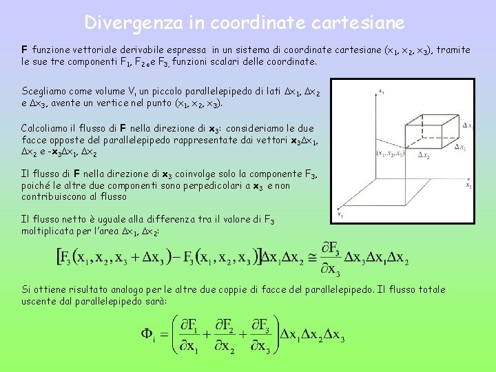 Divergenza in coordinate cartesiane F funzione vettoriale derivabile espressa in un sistema di coordinate