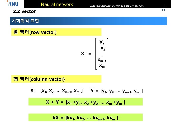 Neural network NAM S. B MDLAB. Electronic Engineering, KNU 13 13 2. 2 vector