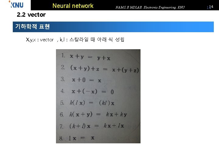 Neural network NAM S. B MDLAB. Electronic Engineering, KNU 2. 2 vector 기하학적 표현