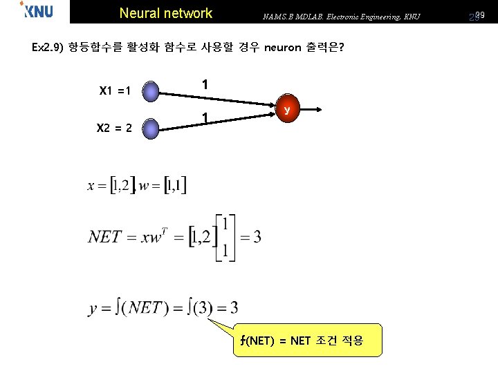 Neural network NAM S. B MDLAB. Electronic Engineering, KNU Ex 2. 9) 항등합수를 활성화