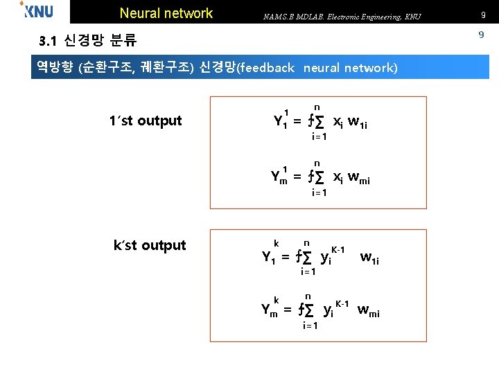 Neural network NAM S. B MDLAB. Electronic Engineering, KNU 9 3. 1 신경망 분류