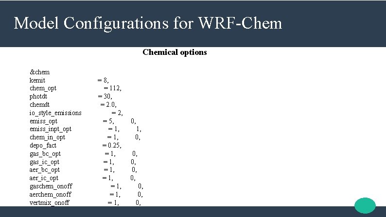 Model Configurations for WRF-Chemical options &chem kemit chem_opt photdt chemdt io_style_emissions emiss_opt emiss_inpt_opt chem_in_opt