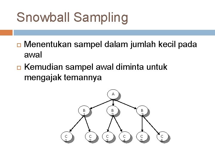 Snowball Sampling Menentukan sampel dalam jumlah kecil pada awal Kemudian sampel awal diminta untuk