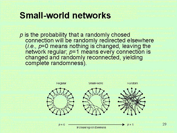 Small-world networks p is the probability that a randomly chosed connection will be randomly