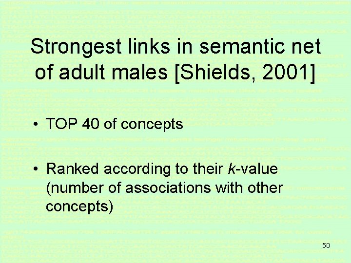 Strongest links in semantic net of adult males [Shields, 2001] • TOP 40 of