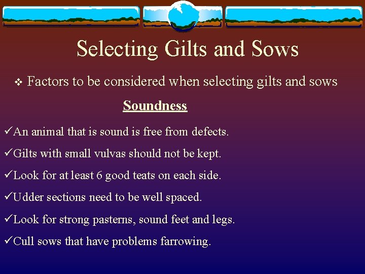 Selecting Gilts and Sows v Factors to be considered when selecting gilts and sows