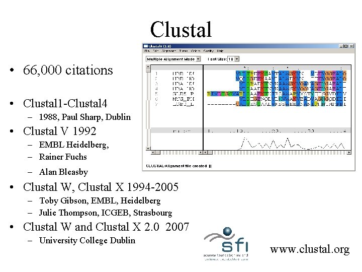 Clustal • 66, 000 citations • Clustal 1 -Clustal 4 – 1988, Paul Sharp,
