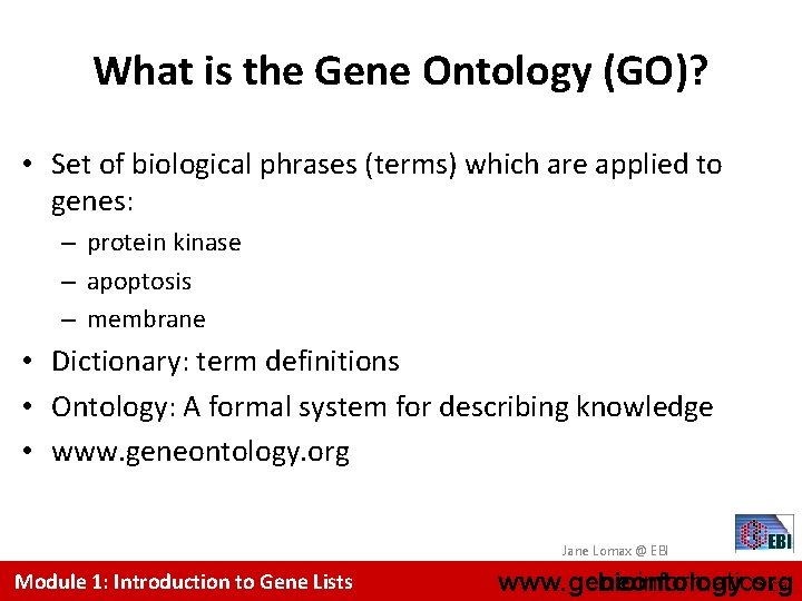 What is the Gene Ontology (GO)? • Set of biological phrases (terms) which are