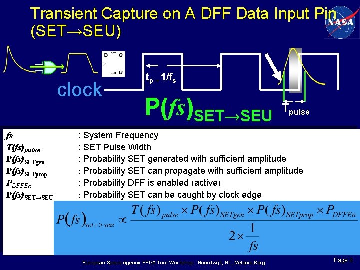 Transient Capture on A DFF Data Input Pin (SET→SEU) clock fs T(fs)pulse P(fs)SETgen P(fs)SETprop