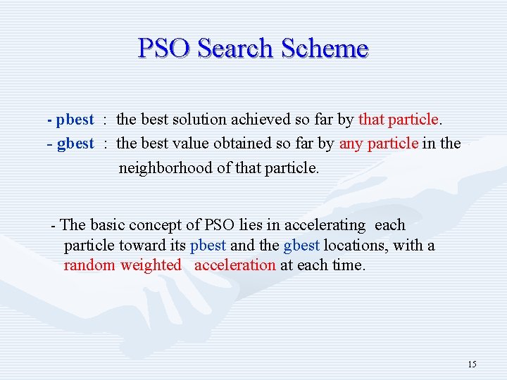 PSO Search Scheme - pbest : the best solution achieved so far by that