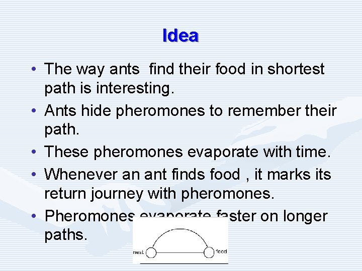 Idea • The way ants find their food in shortest path is interesting. •