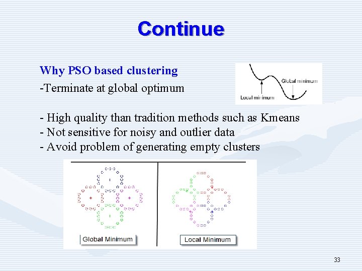 Continue Why PSO based clustering -Terminate at global optimum - High quality than tradition