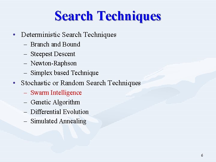 Search Techniques • Deterministic Search Techniques – – Branch and Bound Steepest Descent Newton-Raphson