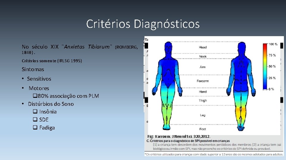 Critérios Diagnósticos No século XIX ¨Anxietas Tibiarum¨ 1840). (ROMBERG, Critérios somente (IRLSG 1995) Sintomas