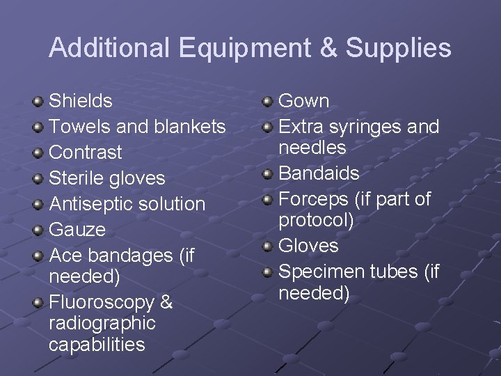 Additional Equipment & Supplies Shields Towels and blankets Contrast Sterile gloves Antiseptic solution Gauze