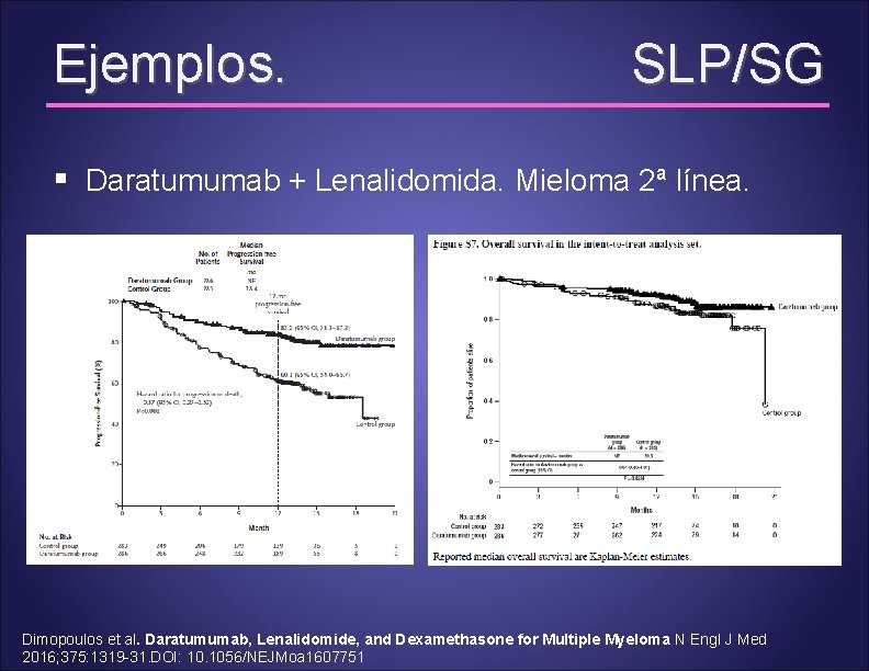 Ejemplos. SLP/SG § Daratumumab + Lenalidomida. Mieloma 2ª línea. Dimopoulos et al. Daratumumab, Lenalidomide,