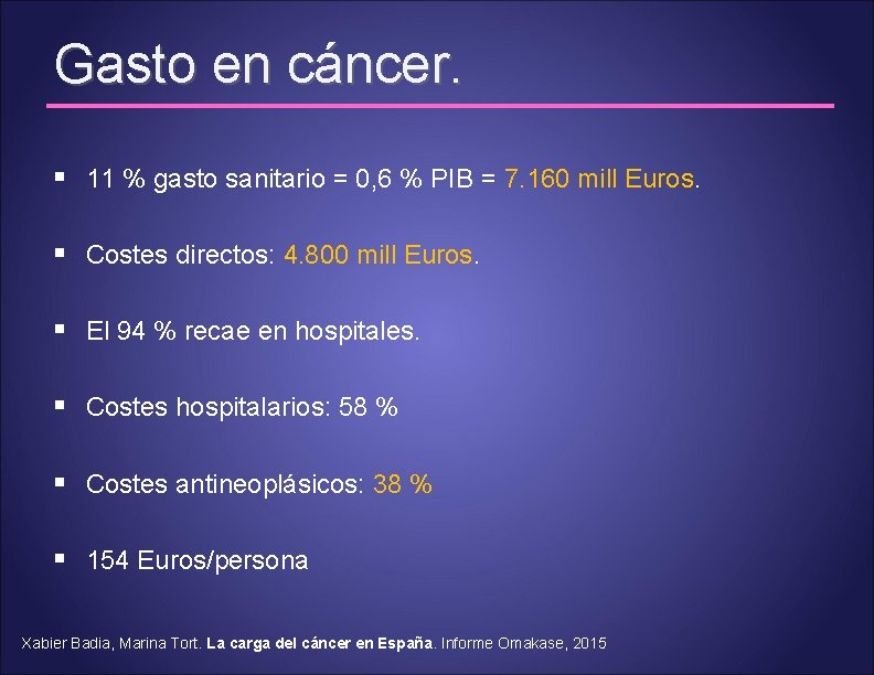 Gasto en cáncer. § 11 % gasto sanitario = 0, 6 % PIB =