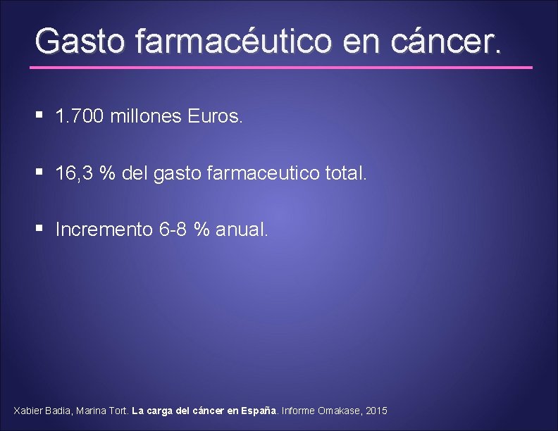 Gasto farmacéutico en cáncer. § 1. 700 millones Euros. § 16, 3 % del