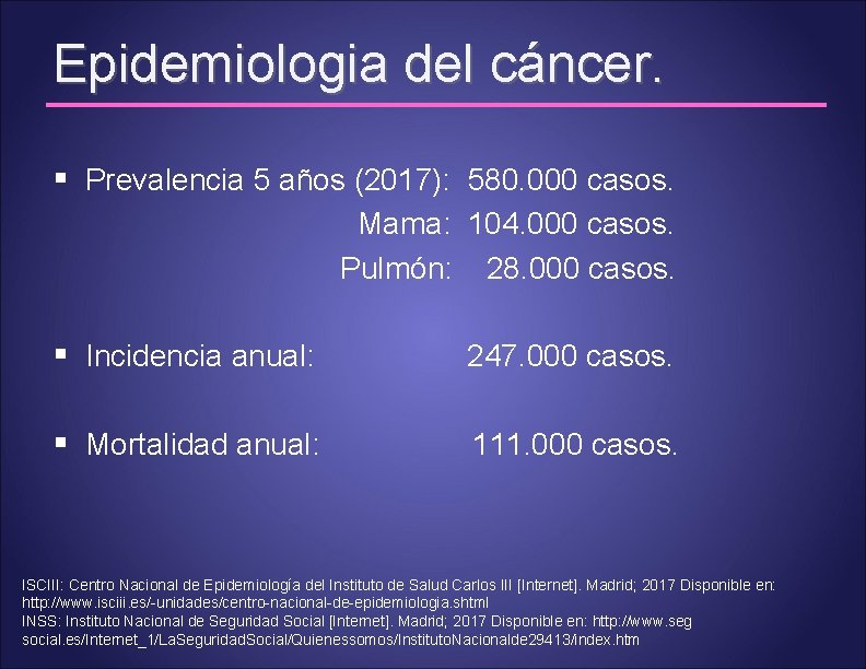 Epidemiologia del cáncer. § Prevalencia 5 años (2017): 580. 000 casos. Mama: 104. 000