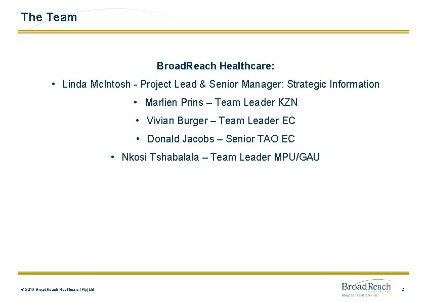 The Team Broad. Reach Healthcare: • Linda Mc. Intosh - Project Lead & Senior