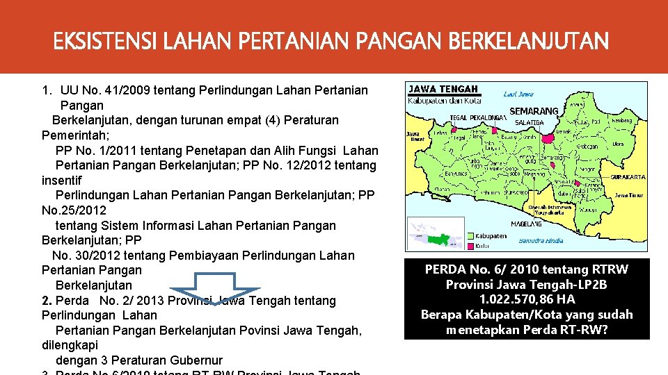 EKSISTENSI LAHAN PERTANIAN PANGAN BERKELANJUTAN 1. UU No. 41/2009 tentang Perlindungan Lahan Pertanian Pangan