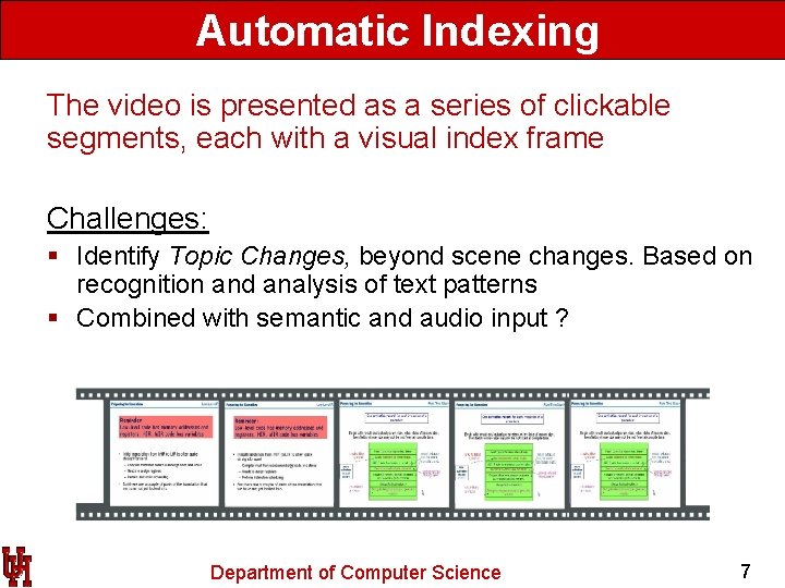 Automatic Indexing The video is presented as a series of clickable segments, each with