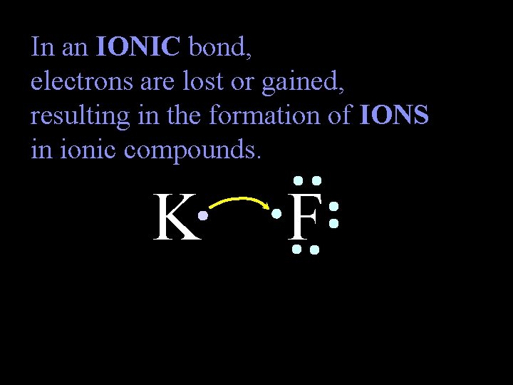In an IONIC bond, electrons are lost or gained, resulting in the formation of
