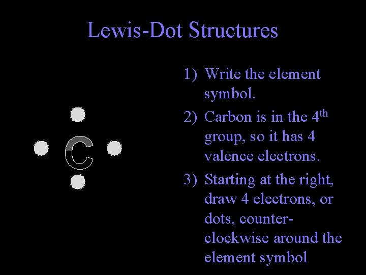 Lewis-Dot Structures C 1) Write the element symbol. 2) Carbon is in the 4