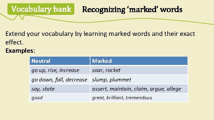 Vocabulary bank Recognizing ‘marked’ words Extend your vocabulary by learning marked words and their