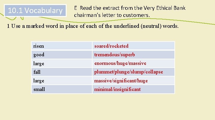 10. 1 Vocabulary E Read the extract from the Very Ethical Bank chairman’s letter