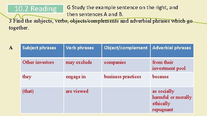 10. 2 Reading G Study the example sentence on the right, and then sentences