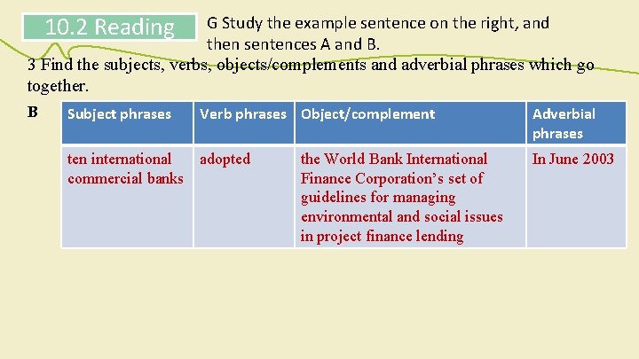 10. 2 Reading G Study the example sentence on the right, and then sentences