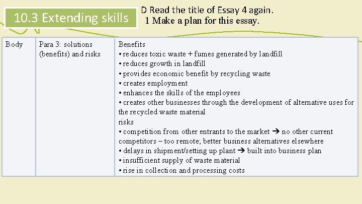 10. 3 Extending skills Body Para 3: solutions (benefits) and risks D Read the