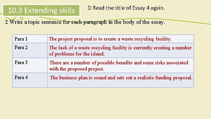 10. 3 Extending skills D Read the title of Essay 4 again. 2 Write