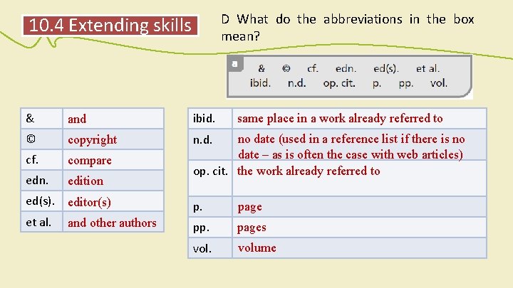 D What do the abbreviations in the box mean? 10. 4 Extending skills &