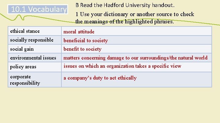 10. 1 Vocabulary B Read the Hadford University handout. 1 Use your dictionary or