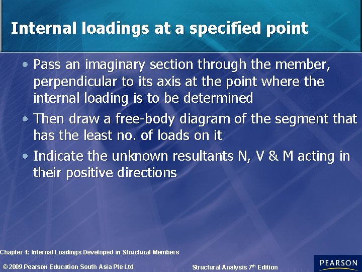Internal loadings at a specified point • Pass an imaginary section through the member,