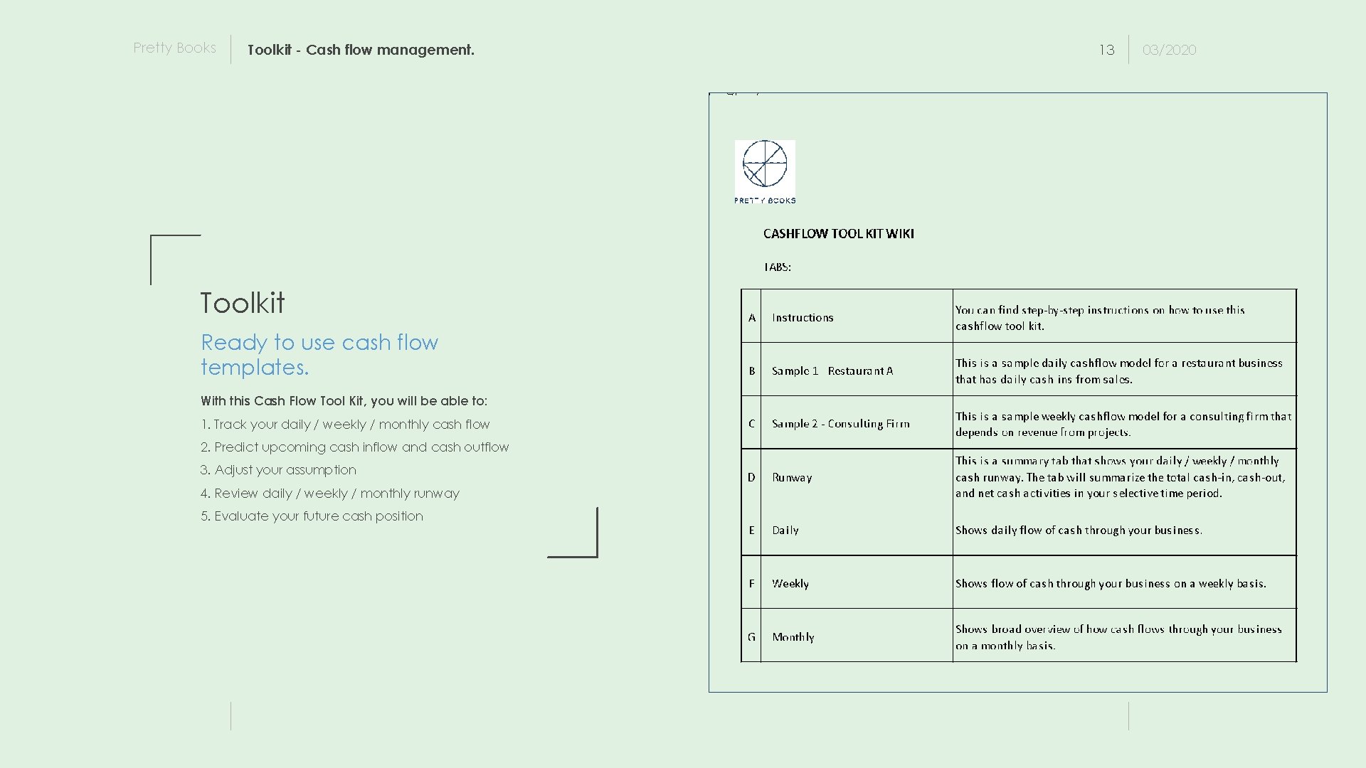 Pretty Books Toolkit - Cash flow management. Toolkit Ready to use cash flow templates.