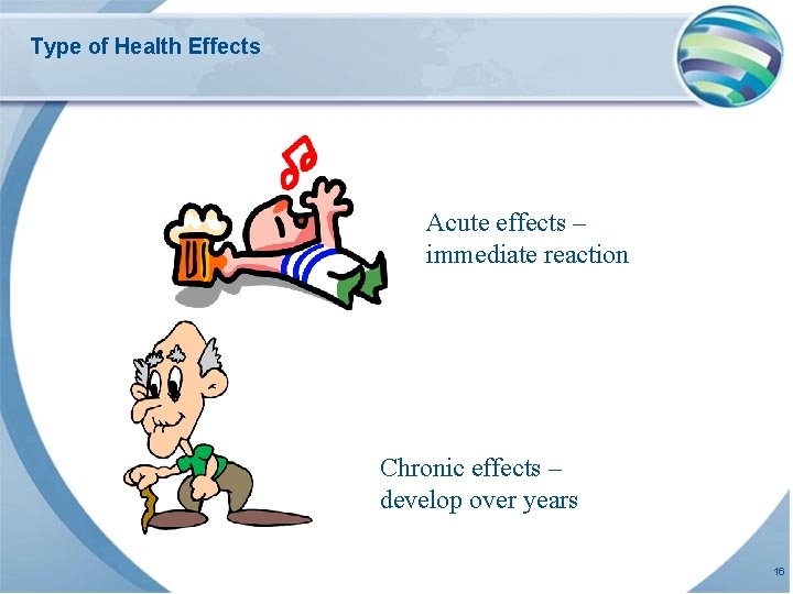 Type of Health Effects Acute effects – immediate reaction Chronic effects – develop over
