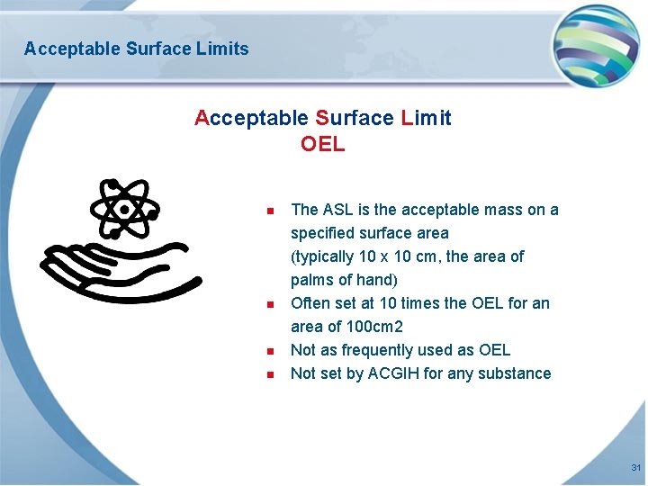 Acceptable Surface Limits Acceptable Surface Limit OEL n n The ASL is the acceptable