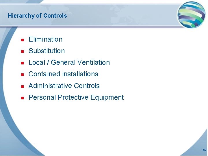 Hierarchy of Controls n Elimination n Substitution n Local / General Ventilation n Contained