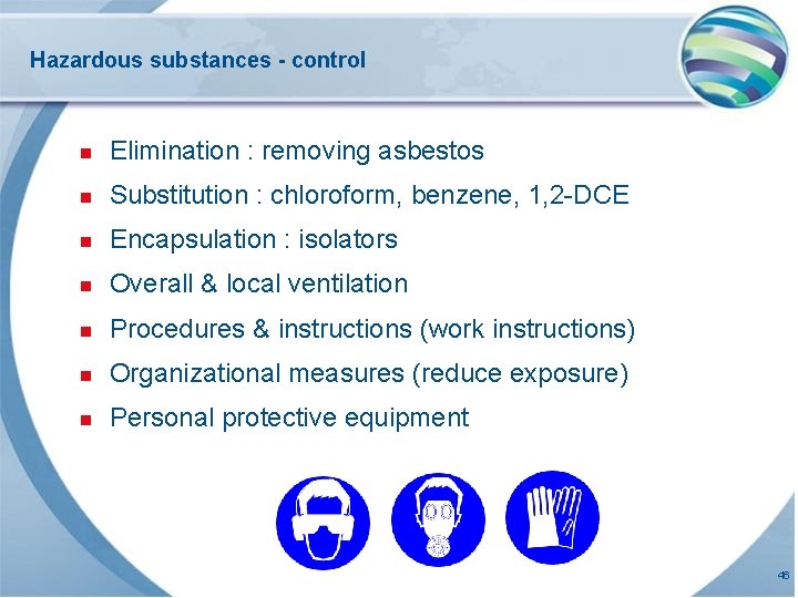 Hazardous substances - control n Elimination : removing asbestos n Substitution : chloroform, benzene,