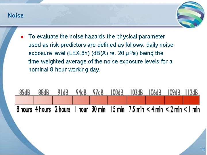 Noise n To evaluate the noise hazards the physical parameter used as risk predictors